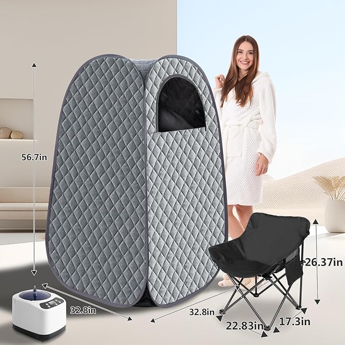 Portable Steam Sauna, Personal Steam Sauna Tent for Home Spa, Full Size Portable Spa Sauna Box with 3L 1000W Sauna Steamer, Large Size Foldable Chair Included, Grey