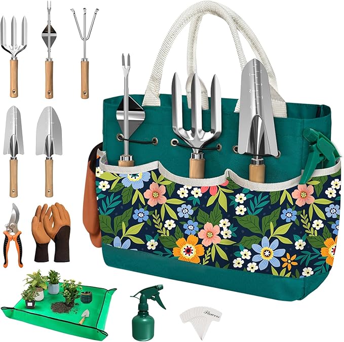 22Pcs Gardening Tools Set for Women Heavy Duty Garden Hand Tools Yard Work Tools Gardener Gifts Gardening Accessories with Tools Bag/Shovel/Mat/Plant Labels/Gloves