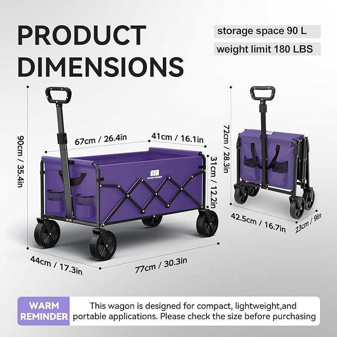 Collapsible Foldable Wagon, Foldig Cart with Wheel Heavy Duty with 180lbs Weight Capacity Lightweight Utility Camping Wagon for Groceries Garden Beach Sports Fishing(Violet)
