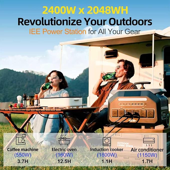IEE P2400 Portable Solar Generator,2400W 4xAC Outlet(Peak 5000W),1800W 1.2H Fast Charge,2048WH Lifepo4 Battery,5-8MS EPS Switch APP Control Below 30DB Quiet Power Station for Home Backup,RV.Outdoor.
