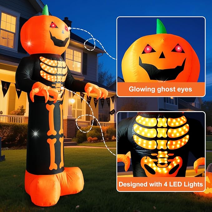 HFO 8 FT Halloween Inflatables Outdoor Decoration Pumpkin Reaper Ghost with Magic Lightshow Bones and Flashing Eyes Blow Up Yard Decoration with LED Lights Holiday Party Yard Lawn Decor