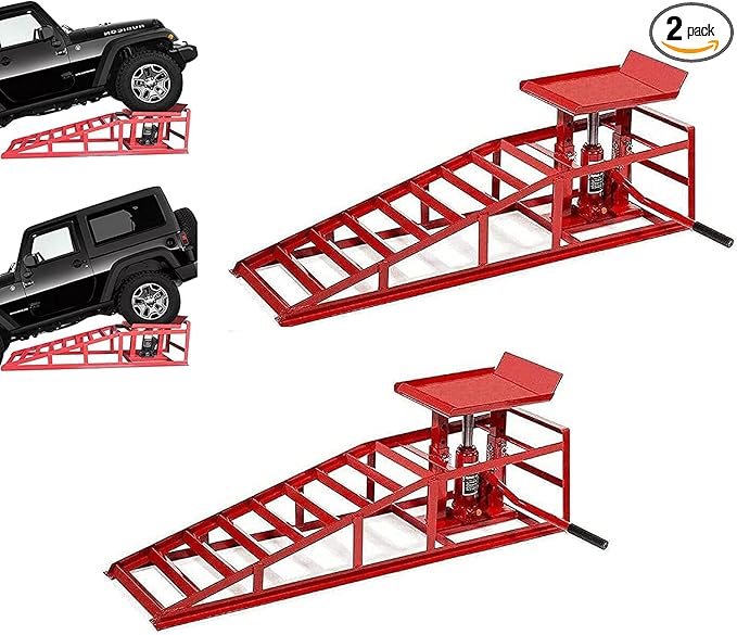 BLVD-LPF OBEY YOUR LUXURY 2 Pack Hydraulic Car Ramps 10000lbs 5T 11000lbs Low Profile Car Lift Service Ramps Truck Trailer Garage, Height Hydraulic Vehicle Ramps (RED)