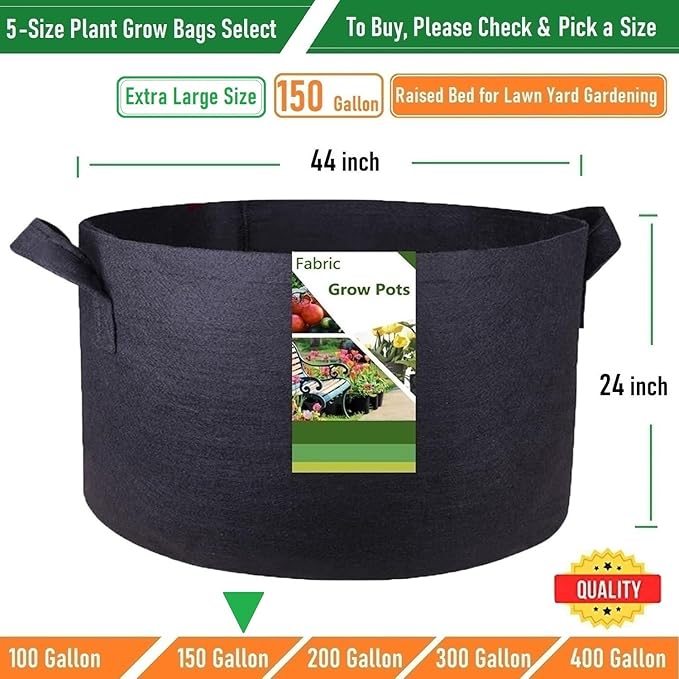 150 Gallon Large Raised Garden Bed Bag (44x24 inch) Big Garden Bag Sturdy Plant Grow Bag for Potato,Tomato Planter,Herb Veggies Planter Bag,Flower Bed,Yard Waste Bag,Lawn Debris Bag,Leaf Bag W/ Gloves