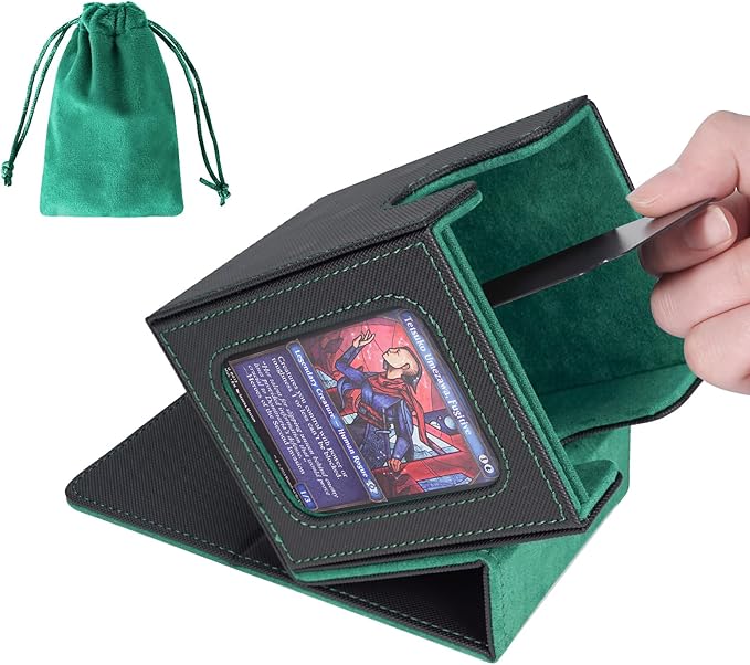 AFIING MTG Deck Box for Commander Display,Card Deck Box Fits 100 Double Sleeved Cards,Magic Commander TCG Card Storage Box with 2 Dividers,Dice Bag and Toploader Black Green