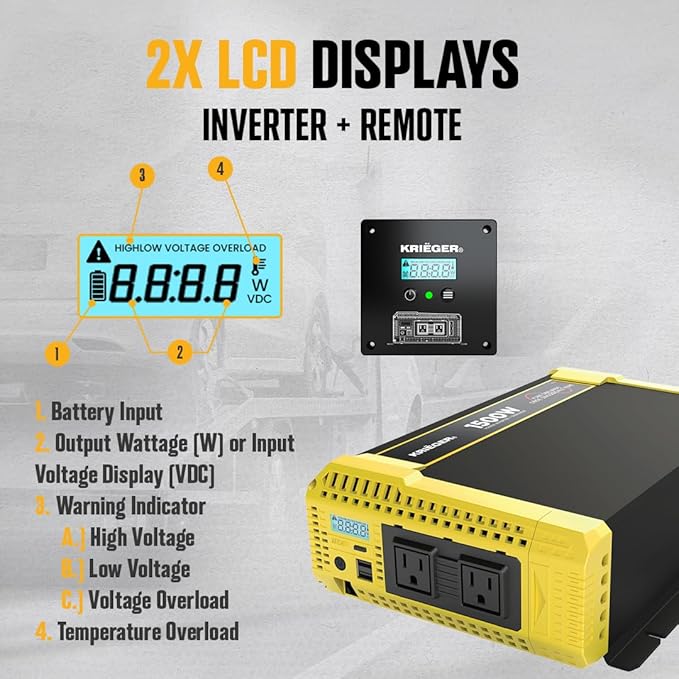 Krieger 1500 Watt 12V Pure Sine Inverter Dual AC Outlets & USB, Installation Kit Included, Automotive Portable Power for Tools, Camping & Car Accessories - ETL Approved