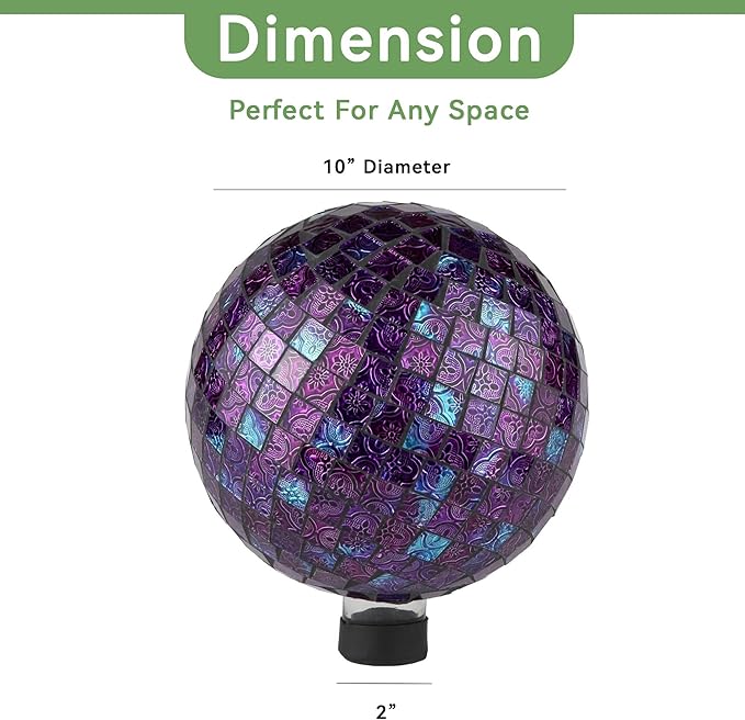 Lily's Home Glass Gazing Ball | Holographic Effect, Stunning Rainbow Color Reflection Effect, Mosaic Design, Purple Mirrors, Attracts Good Fortune, Lovely Centerpiece, 10” Dia.