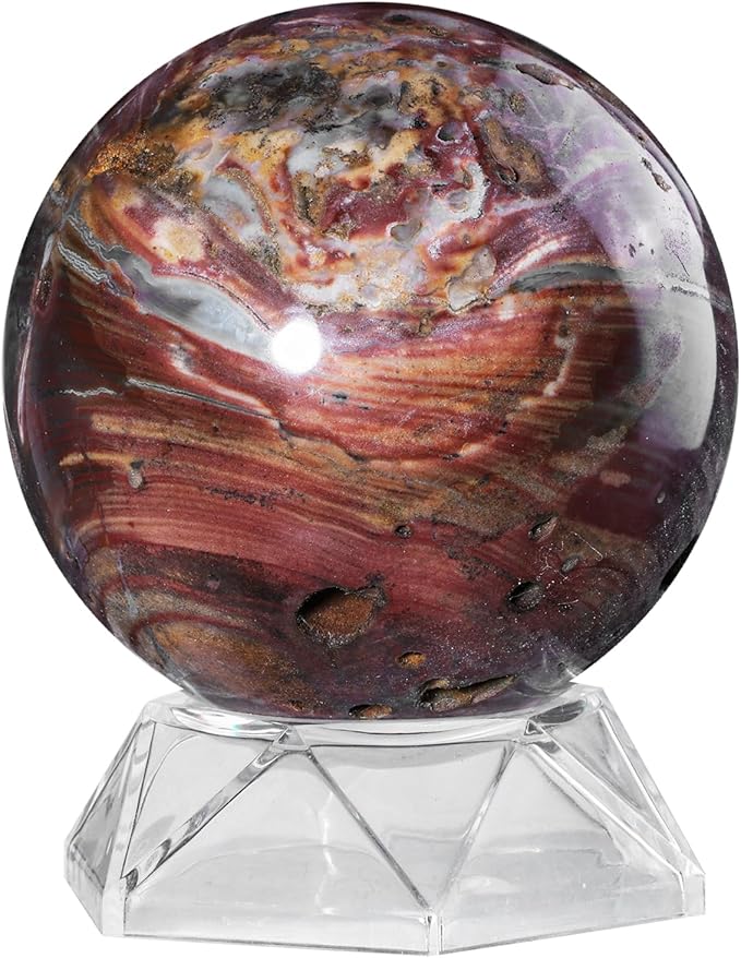Natural Ocean Jasper Crystal Ball with Acrylic Display Base, 71-80mm Polished Stone Feng Shui Crystal Sphere Meditation Decoration for Home & Office