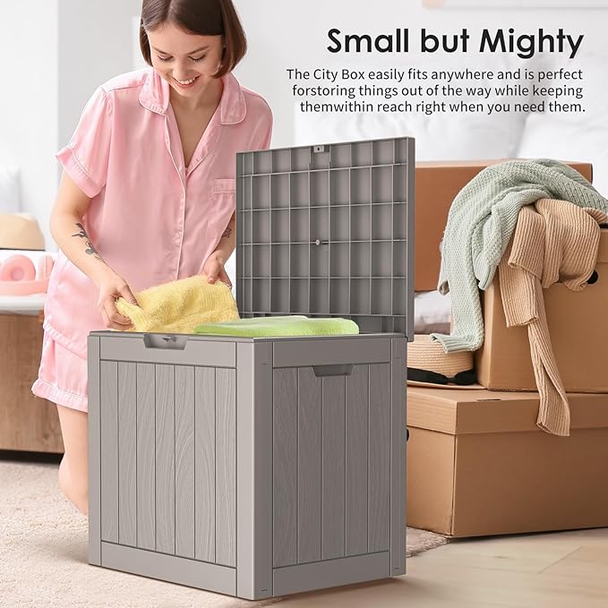 DRATO Deck Boxes, 31 Gallon Outdoor Storage Box for Patio Cushion, Garden Tools, Waterproof and UV Resistant, Lockable (Grey)