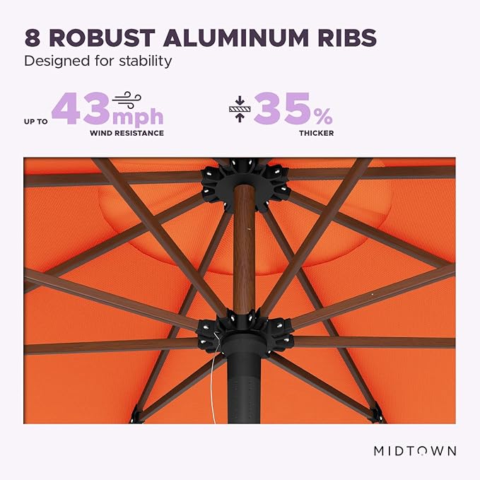 Midtown Umbrellas The Wooden 9 Feet Patio Umbrella With Terylast Tangerine (Bright Orange) Polyester Fabric - Aluminum Frame Market Umbrella For Backyard, Deck, Garden, Pool - Wooden Pole