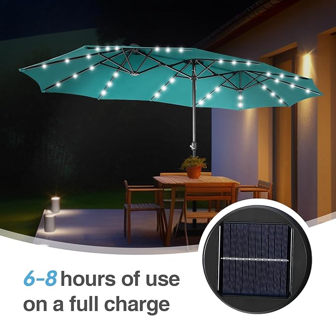 GREEN PARTY 15 ft Rectangle Patio Umbrella with Solar Lights and Base Included, Double-Sided Market Table Umbrella with Crank, Large Outdoor Umbrellas for Patio Poolside Garden Backyard, Turquoise