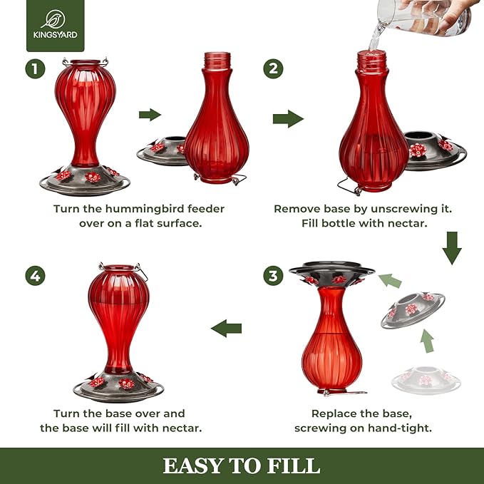 Kingsyard 2 Pack Glass Hummingbird Feeder 24 Ounces, 6 Feeding Ports, Hanging Bird Nectar Feeder for Outdoors Garden Yard Décor, Ant Moat Included, Red