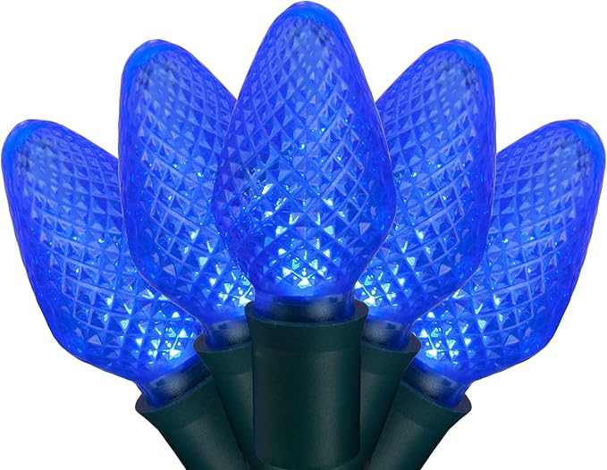 C7 LED Faceted Blue Prelamped Light Set, Green Wire - 25 C7 Blue LED Christmas Lights, 8" Spacing