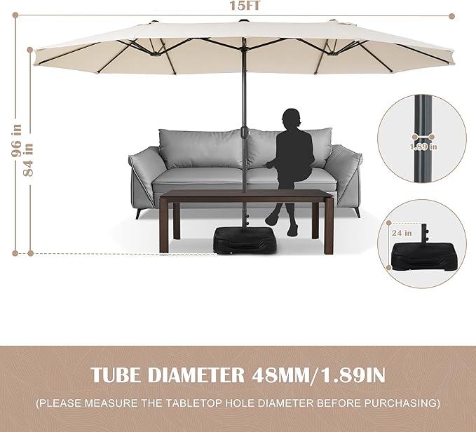 Sundale Outdoor Olefin 5-Year-Non-Fading 15 ft Patio Umbrella with Sand Bag Base and Cover, Large Outdoor Double-Sided Umbrella