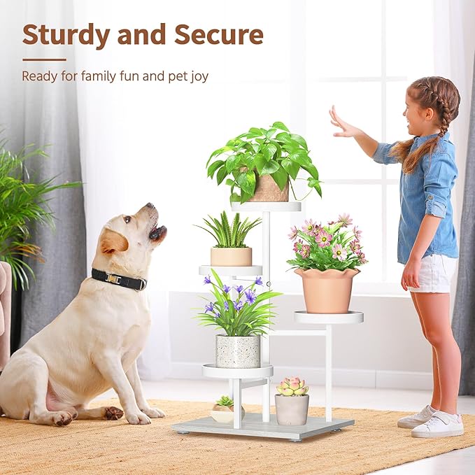 LASZOLA White 4 Tier Plant Stand Indoor Heavy Duty Rack for Modern House Planter, Metal and Wooden Vertical Organizer Decor Narrow Bathroom Floor, Sturdy Multi Level Flower Holder Raised, Cat Proof