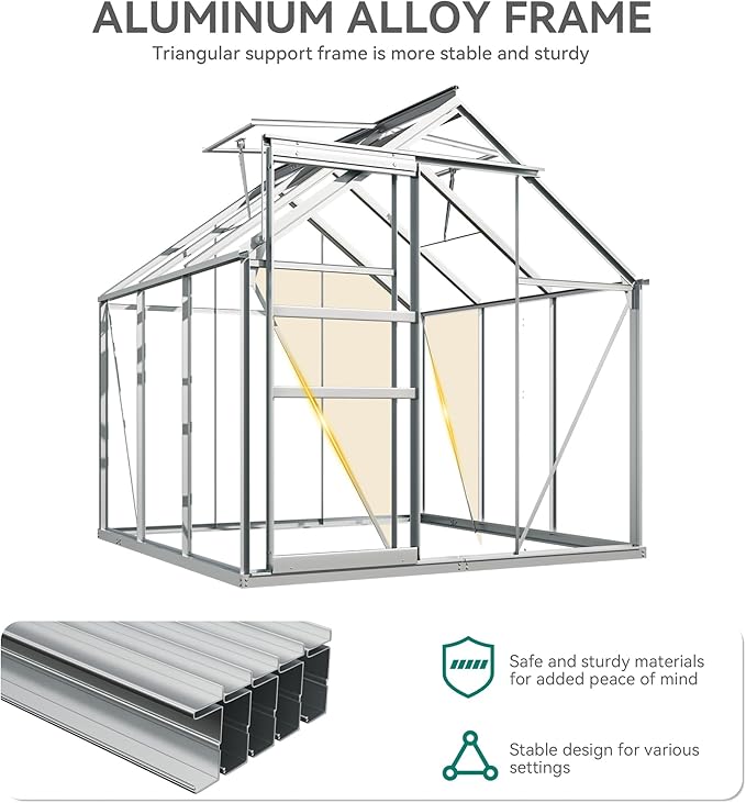 YITAHOME 6x6FT Polycarbonate Greenhouse Heavy Duty Green Houses Outdoor Greenhouses Aluminum Sliding Doors Vent Window Large Sun House for Garden Backyard, Silver