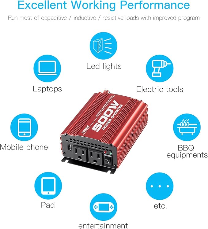 POTEK 500W Car Power Inverter DC 12V to AC 110V with 2AC outlets and 2A USB Port