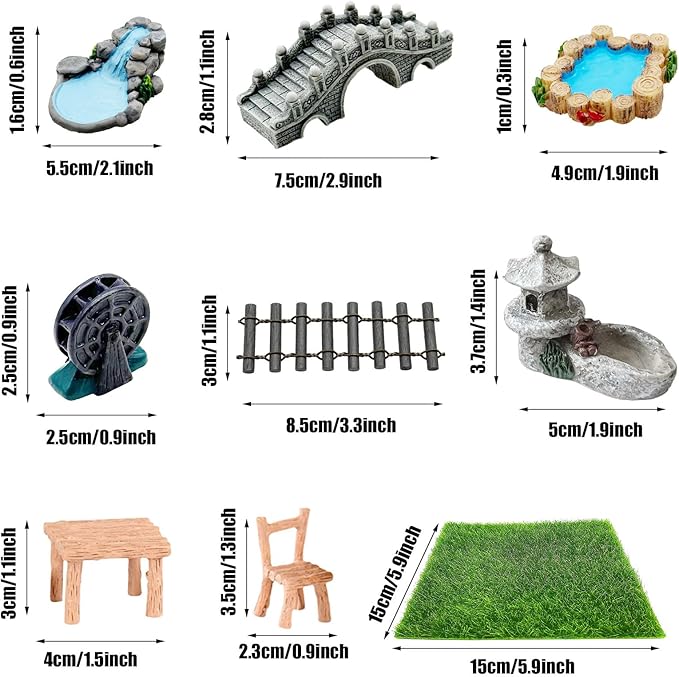Woohome 42 PCS Mini Garden Accessories Fairy Garden Kit Micro Landscape Mini Zen Garden Accessories for Diorama Project DIY, Mini House Decor