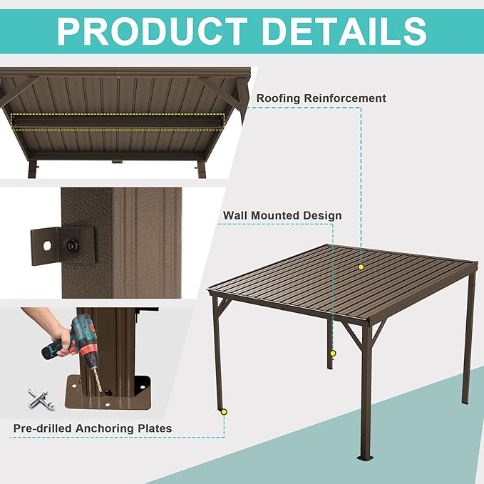 Domi 10’x10’ Lean-to Gazebo, Hardtop Wall-Mounted Gazebo Pergola with Sloping Galvanized Steel Roof and Upgraded Drainage System, Outdoor Permanent Metal Shelters for Patio Backyard Deck, Brown