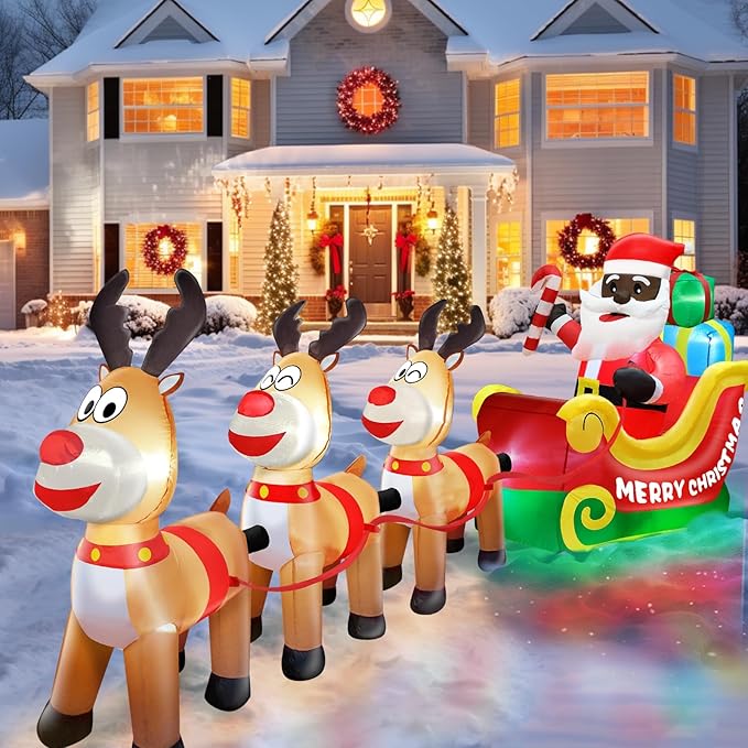 TURNMEON 12 Foot Long Christmas Inflatables Outdoor Decorations Black Santa Claus on Sleigh with Three Reindeer & Gift Box Inflatable Christmas Built-in LED Lights Blow Up Xmas Yard Lawn Garden Decor