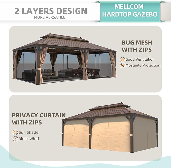 MELLCOM 14' x 24' Hardtop Gazebo,Galvanized Steel Metal Double Roof with Curtain and Netting,Brown Permanent Pavilion Gazebos with Aluminum Frame for Patios,Gardens,Lawns
