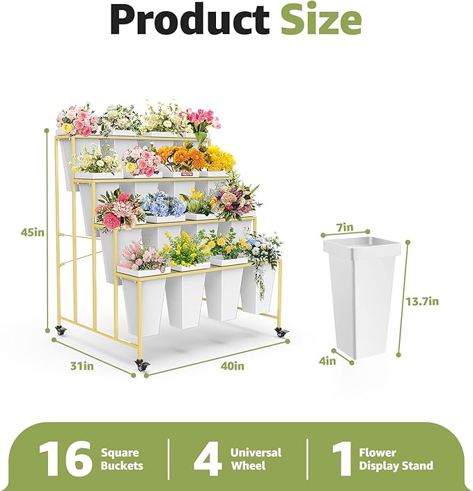 Flower Display Stand 4 Layers with 16 PCS Square Buckets, Plant Stand with Wheels, Movable Metal Plant Stand for Terrace Garden, Living Room, Florist Shop