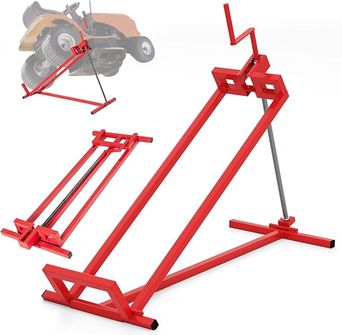 IRONMAX Riding Lawn Mower Lift, Folding Lawn Tractor Lift with Manual Handle, Adjustable Height & Angle, Telescopic Maintenance Jack, Heavy Duty Steel Lawnmower Jack, 880 LBS Weight Capacity (Red)