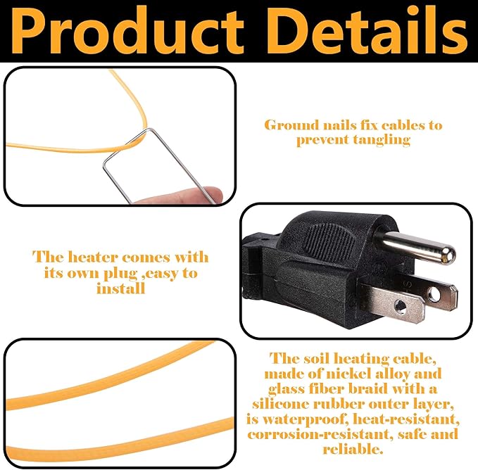 Adnee 118Ft Thermostatic Soil Heating Cable,Rubber Heating Warming Cable with Thermostat and Ground Stakes,Plant Soil Heater Cable for Cold Frame,Graden,Greenhouse Seed Grow