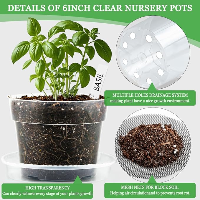 Clear Plastic Nursery Pots for Plants, 6 Inch Transparent Plant Pot with Drainage Holes and Saucers, Seed Starter Pots with 15 Pcs Plant Labels and 15 Pcs Soil Screens