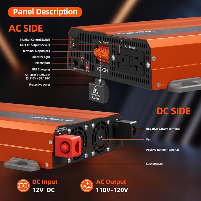 Pure Sine Wave Inverter 12V to 110V Ultra Quiet, Game-Changing Design | 12V to 110 Converter for Home, RV, Camping, Off-Grid & Outdoor Adventures丨DC to AC (LGE-12V-3080Ti)