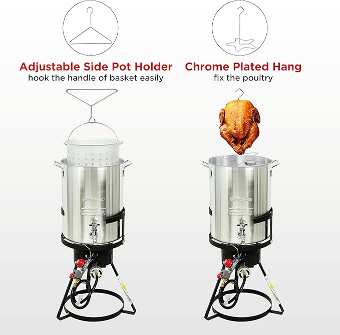 Red Mountain Valley 30Qt Turkey Fryer with Propane Burners for Outdoor Cooking, Aluminum Turkey Fryer Pot Basket, Propane Deep Fryer, Seafood Boil with Spigot,Timer, Marinade Injector, Turkey Rack