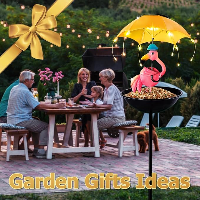 Bird Feeder Solar Garden Decor, Waterproof Flamingo Metal Wildbird Cardinals Hummingbirds Feeders with LED Lights, Gifts for Mom Grandma Bird Lovers Outdoor Path Yard Decoration