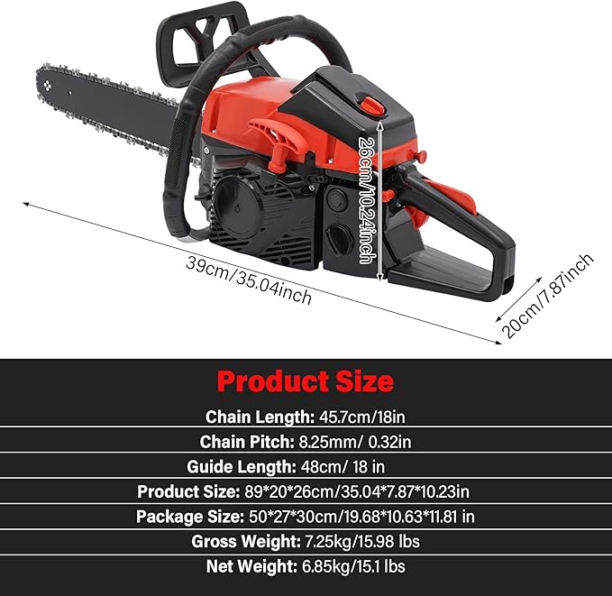 Gas Chainsaw 18 Inch, 58CC 2 Stroke Gas Powered Chainsaw, Single Cylinder Air-cooled Petrol Chain Saws Gas for Cutting Wood Outdoor Garden Farm Home