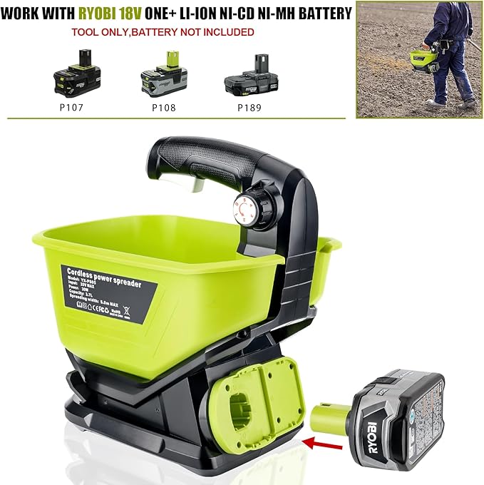 Salt Spreader for Ryobi 18V Battery, Handheld Power Spreader for Seeds, Fertilizer, Year-Round Coverage for Grass Seeds, Rock Salt, and ice melt Seasons. (Tool only)
