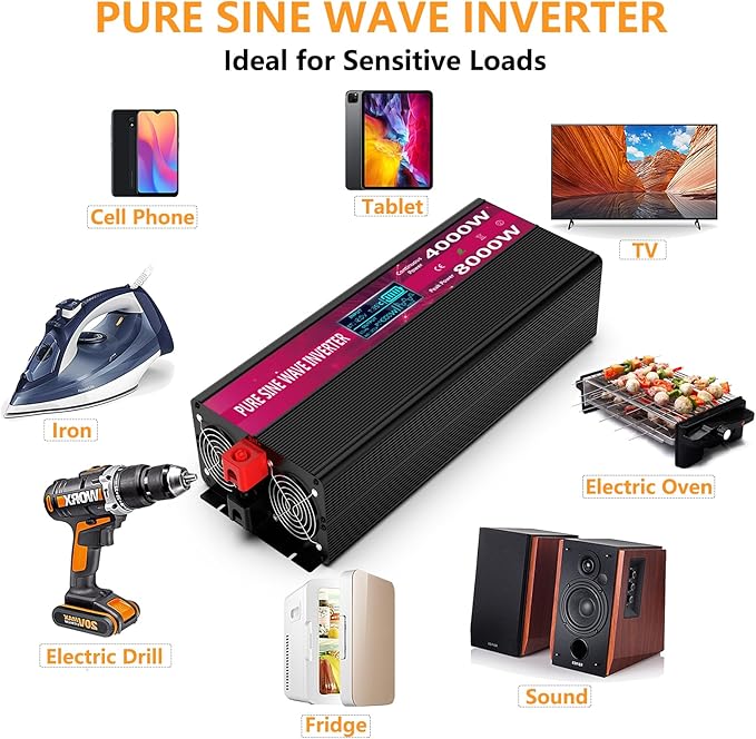 Pure Sine Wave Power Inverters 4000W 12V DC to AC 110V 120V Peak 8000W with Remote Control 4 Outlets,Dual USB Port,LED Display Terminal Blocks for Inverter Truck RV Car Solar System