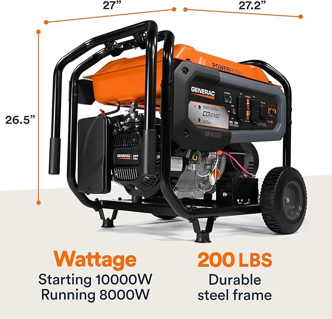 Generac 10,000 Starting Watt Portable Gas Generator - Electric Start - Home Backup or RV Ready - Heavy Duty Frame - Quiet, Long Runtime, Emergency Power - 49-State Compliant