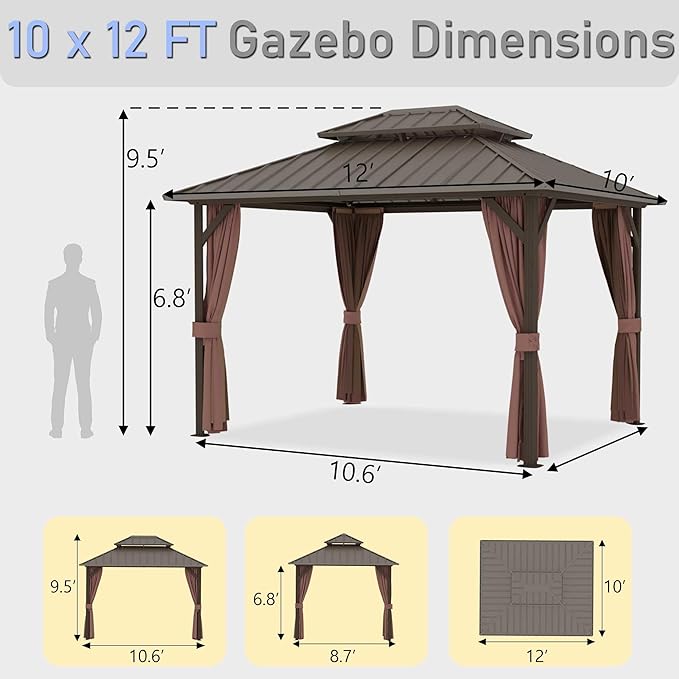 10'x12' Hardtop Gazebo, Outdoor Aluminum Frame Galvanized Steel Double Roof Pavilion with Netting and Shaded Curtains, Permanent Metal Pergolas for Patio, Backyard, Deck and Lawns.