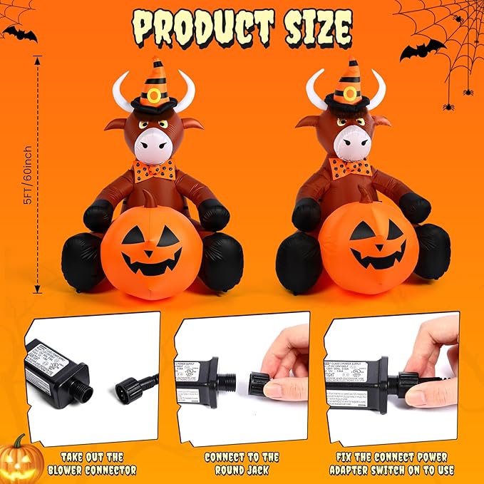 Soulchen 5FT Halloween Inflatable Highland Cow Outdoor Decorations with Witch Hat Holding Pumpkin Built-in LED Lighted Halloween Blow up for Yard Garden Lawn Holiday Party Decor