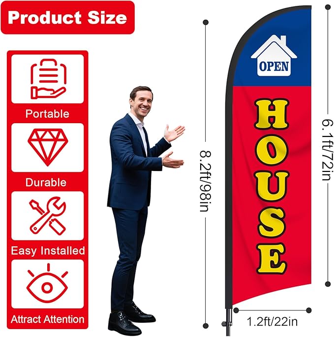 Open House Flag for Real Estate 8 Ft Open Feather Flags Banner with Pole Kit and Ground Stake for Outside Outdoor