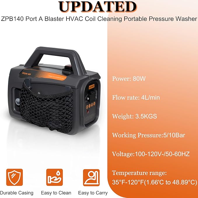 Updated ZPB140 Port A Blaster HVAC Coil Cleaning, Portable Pressure Washer, Coil Jet Cleaner for ac Unit 120V 80W for Indoor or Outdoor, Flow Rate 4L/min, Working Pressure 0.7-1.0MPa