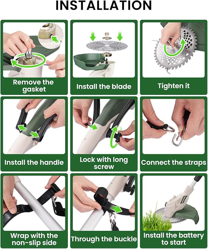 Electric Weed Wacker Cordless, Brushless Grass Trimmer with 21V 4.0Ah Batteries and Charger, 4 Types of Blades String Trimmer, Weed Eater Battery Powered with Shoulder Strap, Lawn Edger Tool