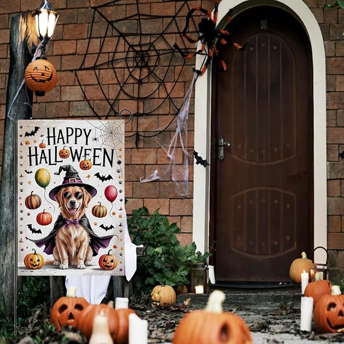 HTBIG Happy Halloween Garden Flag, Dog Pumpkin Halloween Decor, Yard Flags for Outside 12x18 inch, Outside Yard for Home Decorations