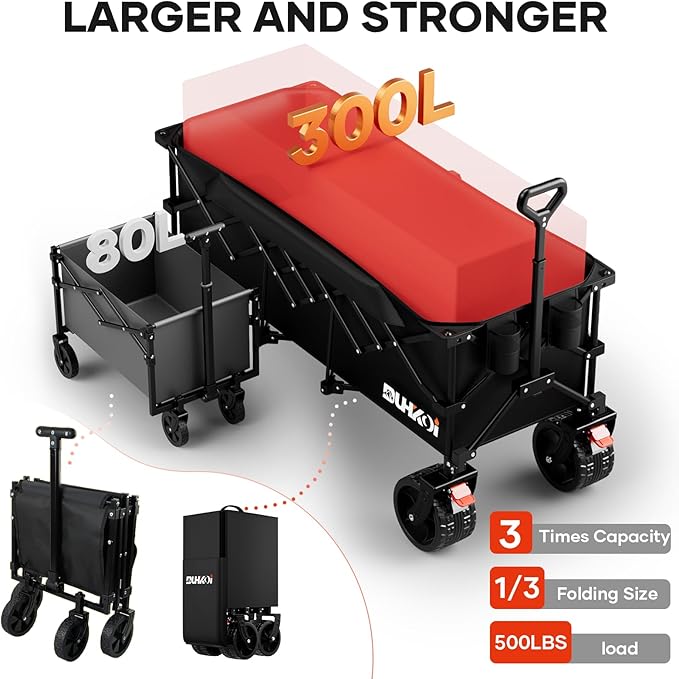 49" L Collapsible Extended Wagon with 500lbs Weight Capacity,300L Heavy Duty Sports Wagon,Big All-Terrian Wheels with Cup Holders,Cart for Sports,Grocery,Shopping