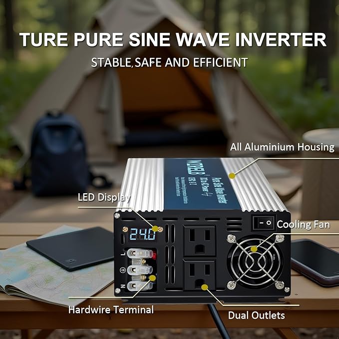 WZRELB 3000W Pure Sine Wave Inverter, Car Power Inverter 24V DC to 110V 120V AC Converter for RV, Truck, Solar, Outdoor with Dual AC Outlets, Hardwire Port, Surge 6000W, LED Display,Off-Grid
