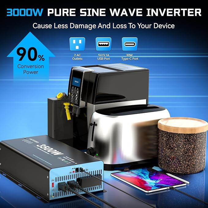 3500W Pure Sine Wave Inverter with Transfer Switch, 12V DC to 120V AC Converter with 2AC Outlets, USB Port, Type-C Port, Remote Controller, Power Inverter for RV, Outdoor, Auto Swtich to Shore Power