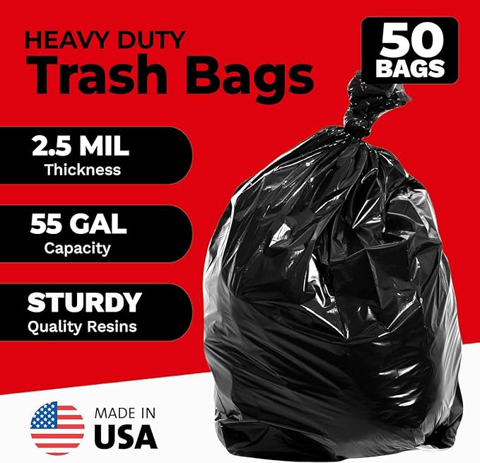 ToughBag 55 Gallon Trash Bags, 2.5 Mil Contractor Bags - 50 Count, Large 55-60 Gallon Trash Can Liners, Black Contractor Garbage Bags, 38 x 58" - Made in USA