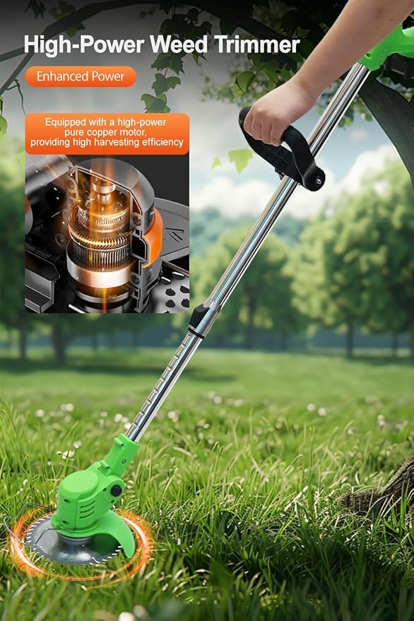 Cordless Weed Wacker,Lightweight and Telescopic Design,Triple Safety Protection,Electric Weed Eater,2 Efficient Batteries, Grass Trimmer Cordless for Lawn, Yard, Garden,Green
