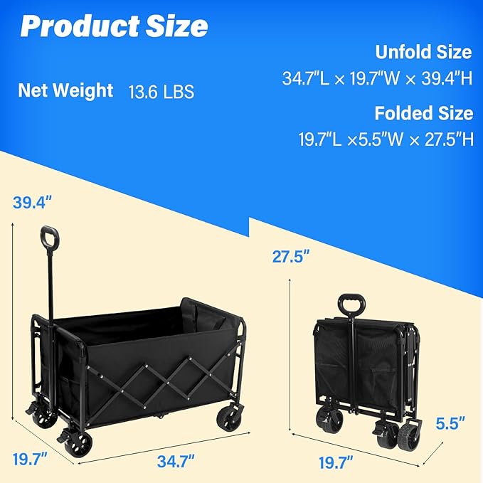Wagons Carts Foldable, 500 Lbs with Adjustable Handle, Black Lightweight Portable, Collapsible Wagon for Camping, Shopping, Sports, Travel, Garage and Gardening Storage with Drink Holders