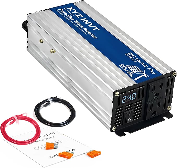 1200W Pure Sine Wave Power Inverter DC 24V to AC 110V/120V, 2400W Peak, Car/Truck Power Converter for Solar, Home, Vehicle & Rechargeable Devices with LED Display