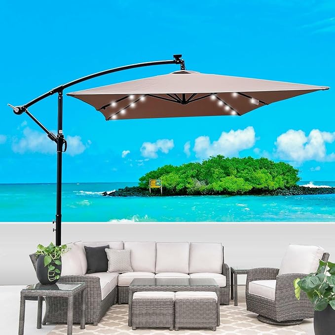 10x6.5FT Patio Umbrella, Outdoor Offset Umbrella with Cross Base and Crank, Rectangular Cantilever Umbrella with Solar Lights, Hanging Market Umbrella with 6 Rids for Pool, Deck, Backyard (Mushroom)