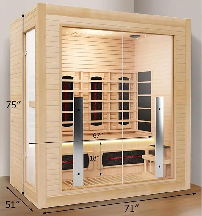 3-4 Person Hybrid WiFi Control Indoor Sauna, Far Infrared Wood Steam Sauna Room, Canadian Hemlock, Red Light Therapy, 11 Heating Elements & Electric Stove, Large Tempered Glass Door, Left Door